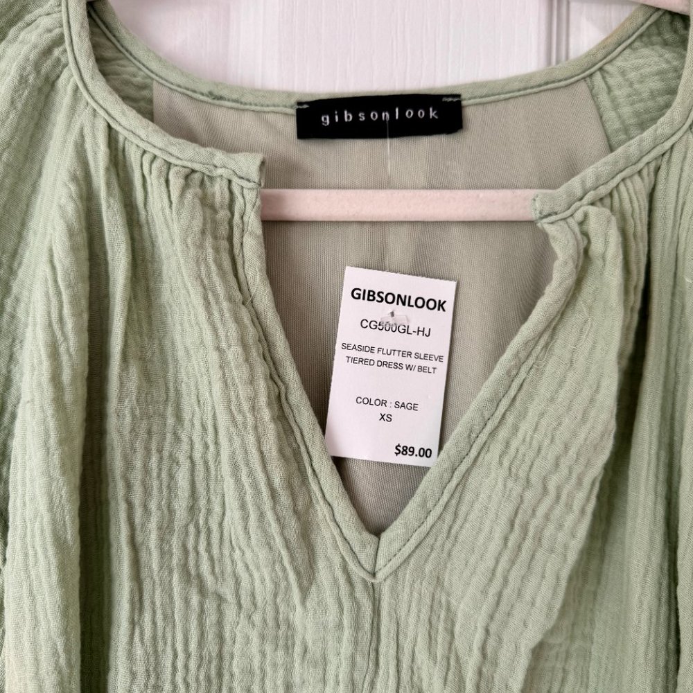 Gibsonlook Sage Green Flutter Sleeve Tiered Dress NWT - Picture 5 of 7